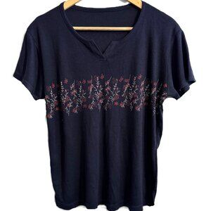 VTG Y2K Women's Ditsy Floral Print T shirt Navy Blue Short Sleeves L Crew V Neck